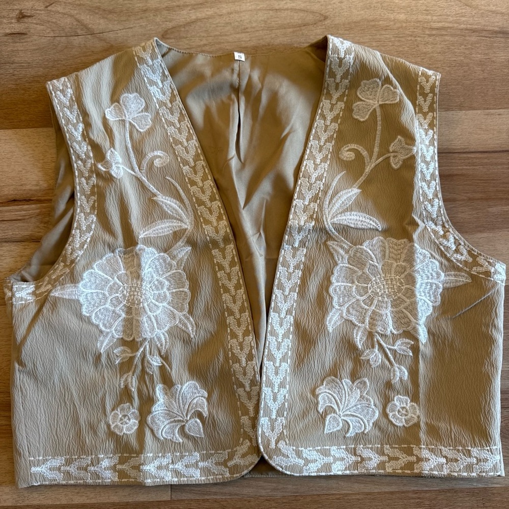 Embroidered Taupe Vest with White Floral Detail